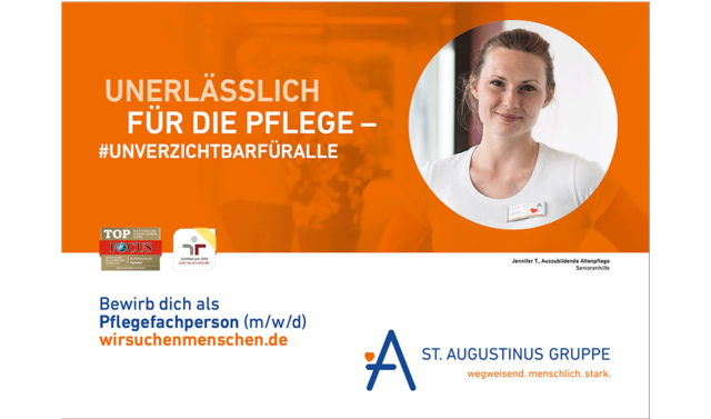 "Unerlässlich für die Pflege - unverzichtbar" auf orangem Hintergrund. In einem Kreis ist eine junge Pflegerin zu sehen. 
