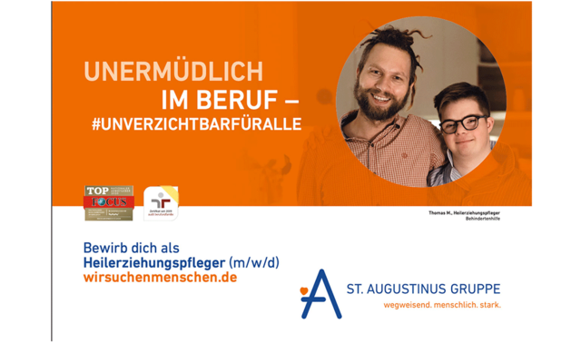 "Unermüdlich im Beruf - unverzichtbar" auf orangem Hintergrund. In einem Kreis sind die Gesichter eines jungen, bärtigen Mannes und einer kurzhaarigen Frau mit Brille zu sehen. 