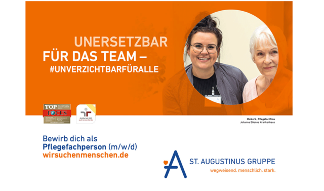 "Unersetzbar für das Team - unverzichtbar" auf orangem Hintergrund. In einem Kreis sind die Gesichter einer jungen Frau und einer kurzhaarigen Seniorin zu sehen. 