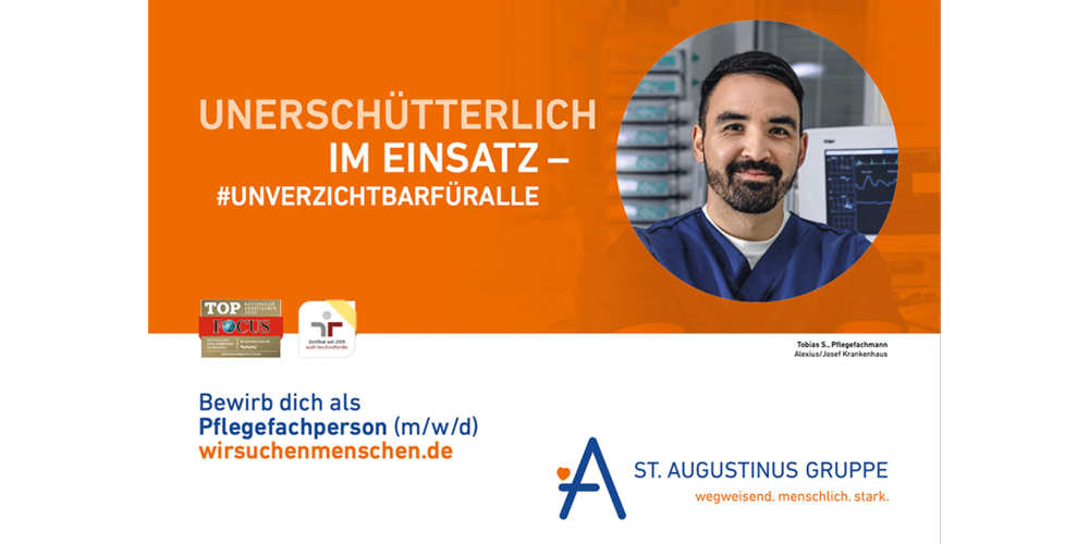 "Unerschütterlich im Einsatz - unverzichtbar" auf orangem Hintergrund. In einem Kreis ist ein junger Pfleger zu sehen. 