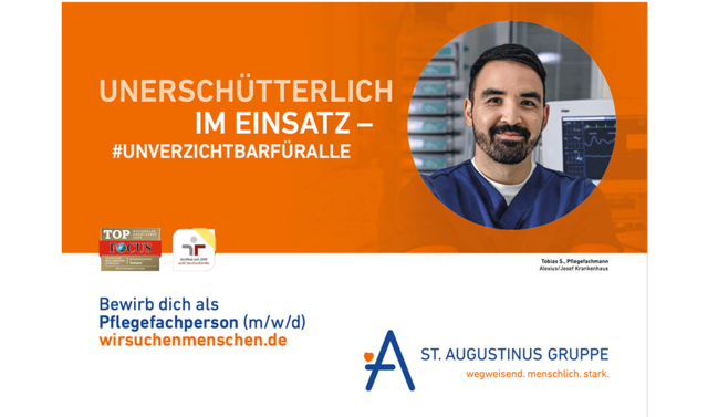 "Unerschütterlich im Einsatz - unverzichtbar" auf orangem Hintergrund. In einem Kreis ist ein junger Pfleger zu sehen. 